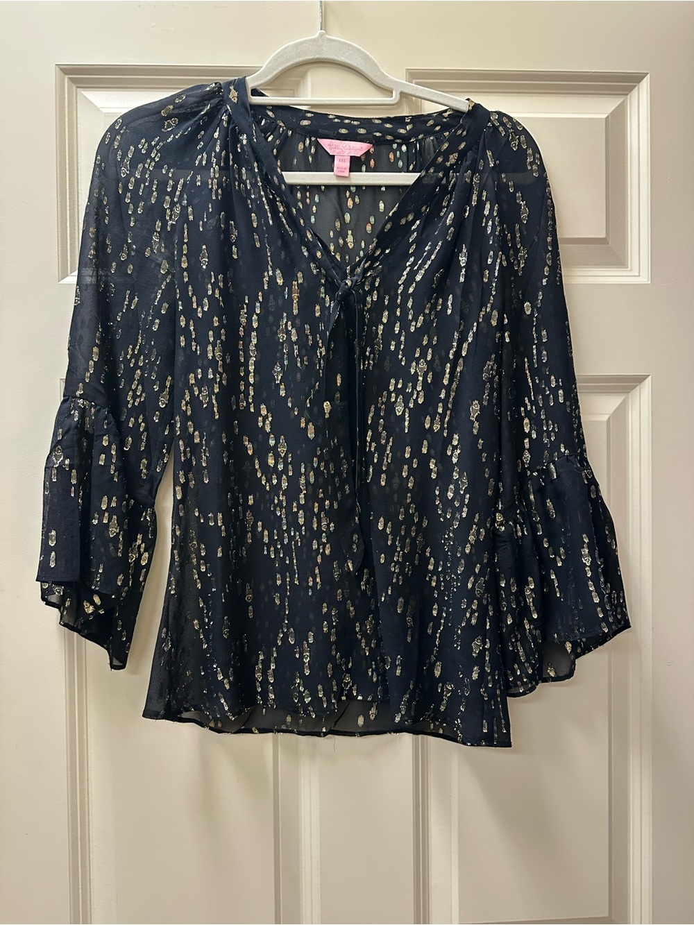 Lilly Pulitzer Black Sheer Blouse with Metallic Print